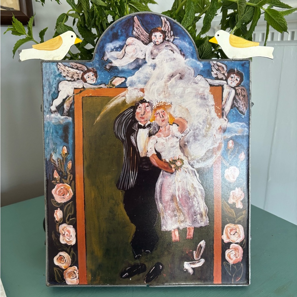 Hand-Painted Wedding Couple Wall Plaque in Pink, White, Blue